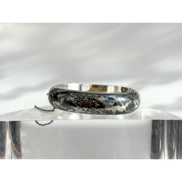 Siam Sterling Silver 925 Hand Carved Hinged Enclosure Vintage Bangle Bracelet - Picture 3 of 16